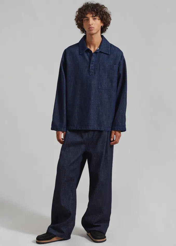 The Frankie Shop Tops Ray Popover Denim Shirt 8211 Raw Wash 8211 Men