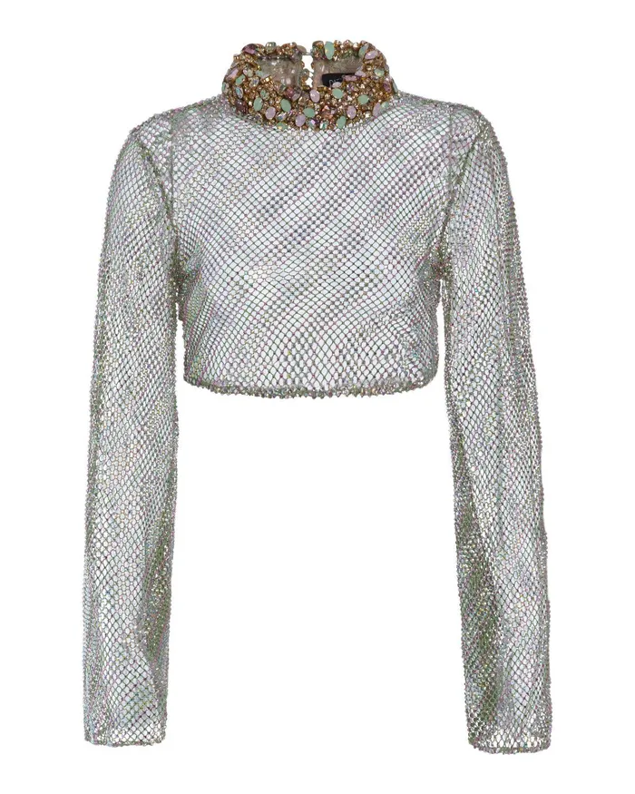 Tops and Bodysuits Women PatBO HandBeaded Rhinestone Netted Top EXCLUSIVE