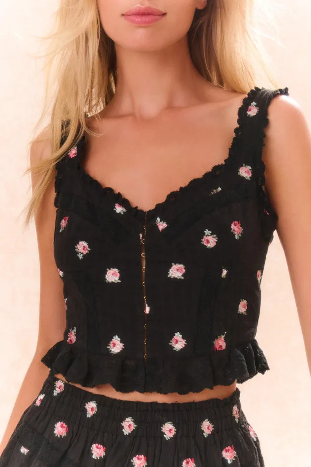 Tops Women LoveShackFancy Galette Embroidered Floral Top Black Combo