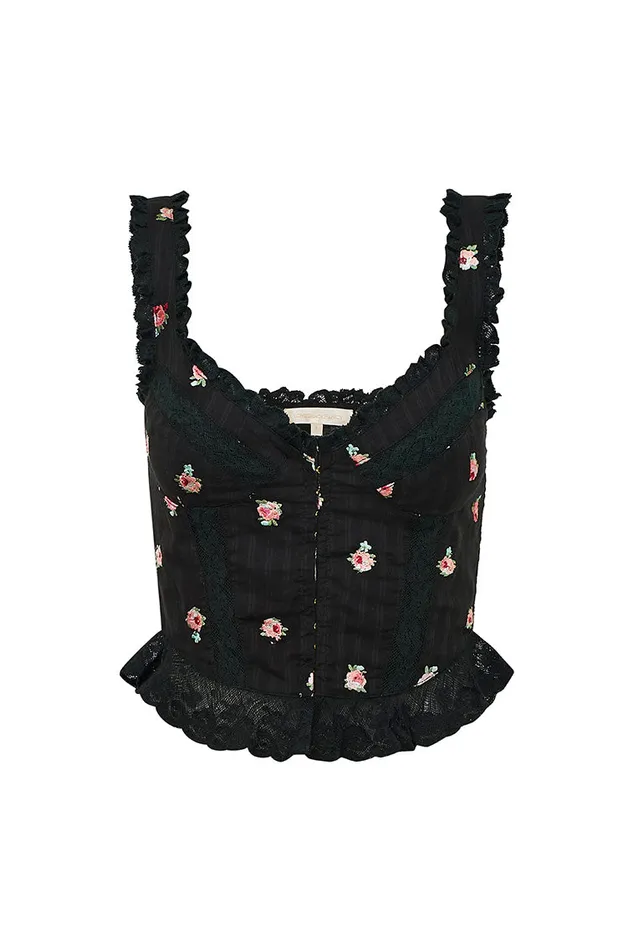 Tops Women LoveShackFancy Galette Embroidered Floral Top Black Combo