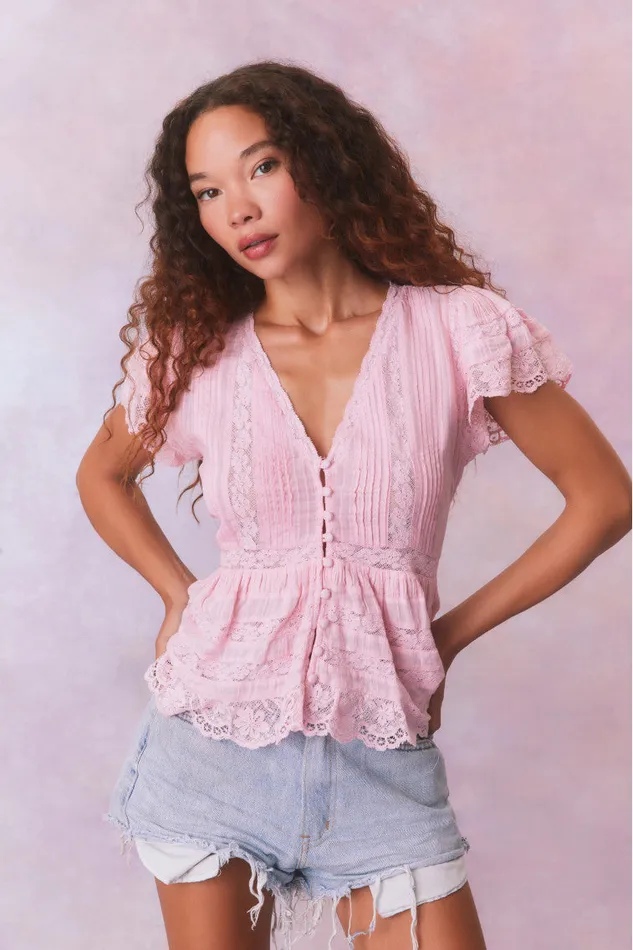 Tops Women LoveShackFancy Quinella Cotton Peplum VNeck ButtonDown Blouse Cherry Pink Tops Women LoveShackFancy Quinella Cotton Peplum VNeck ButtonDown Blouse Cherry Pink