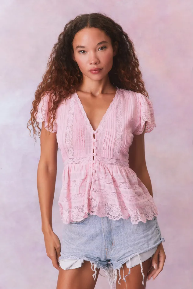 Tops Women LoveShackFancy Quinella Cotton Peplum VNeck ButtonDown Blouse Cherry Pink