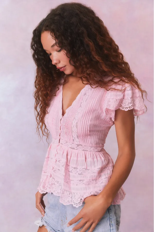 Tops Women LoveShackFancy Quinella Cotton Peplum VNeck ButtonDown Blouse Cherry Pink