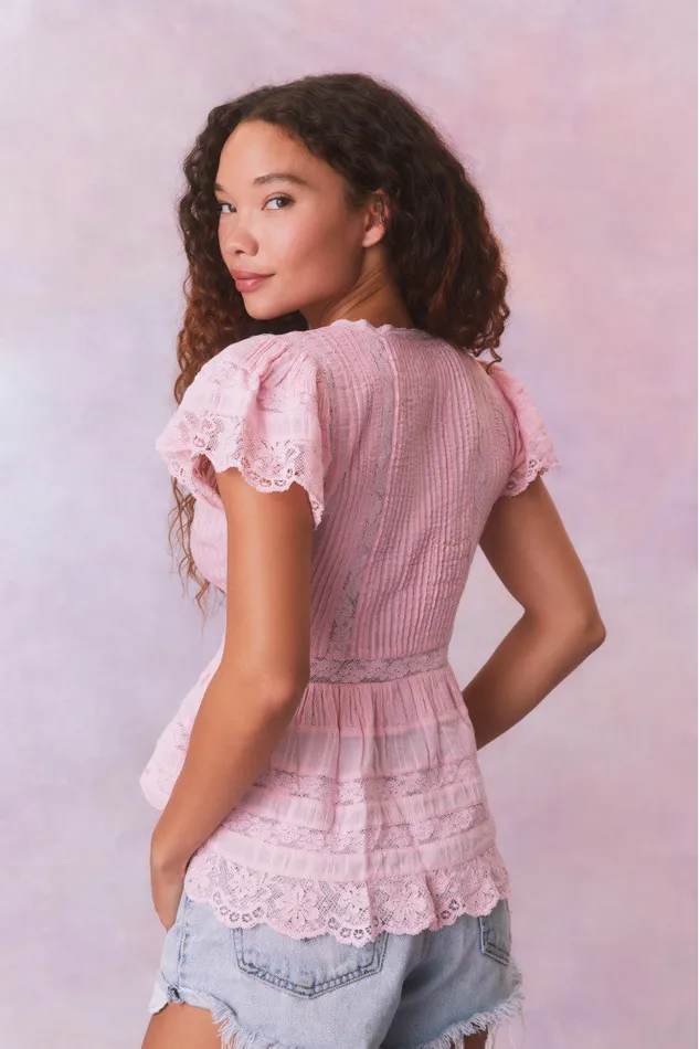 Tops Women LoveShackFancy Quinella Cotton Peplum VNeck ButtonDown Blouse Cherry Pink