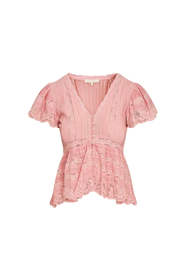 Tops Women LoveShackFancy Quinella Cotton Peplum VNeck ButtonDown Blouse Cherry Pink