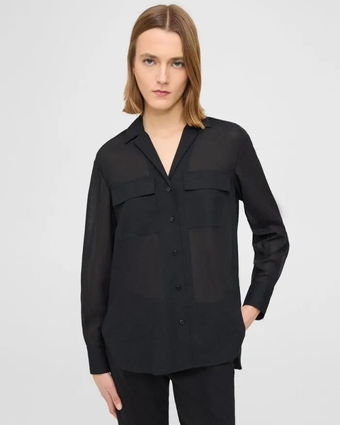 Tops Women Theory Oversized Patch Pocket Shirt In WoolPoly Black