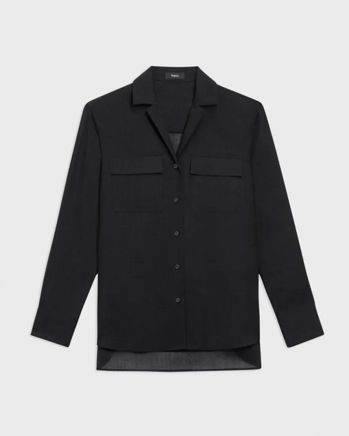 Tops Women Theory Oversized Patch Pocket Shirt In WoolPoly Black Tops Women Theory Oversized Patch Pocket Shirt In WoolPoly Black