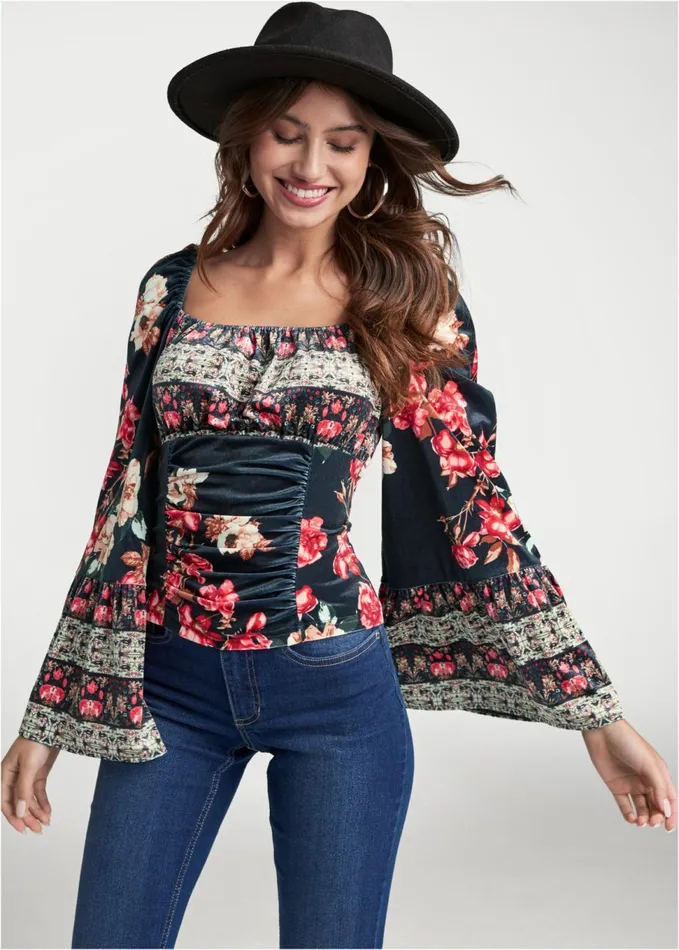 VELVET FLORAL PRINT TOP Black Multi Women VENUS Night Out Tops