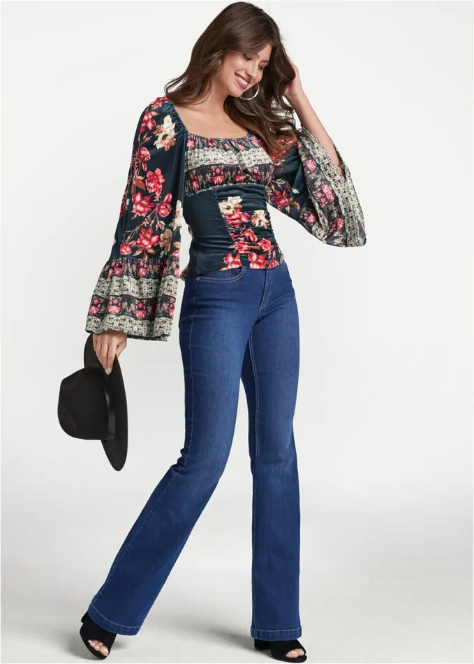 VELVET FLORAL PRINT TOP Black Multi Women VENUS Night Out Tops