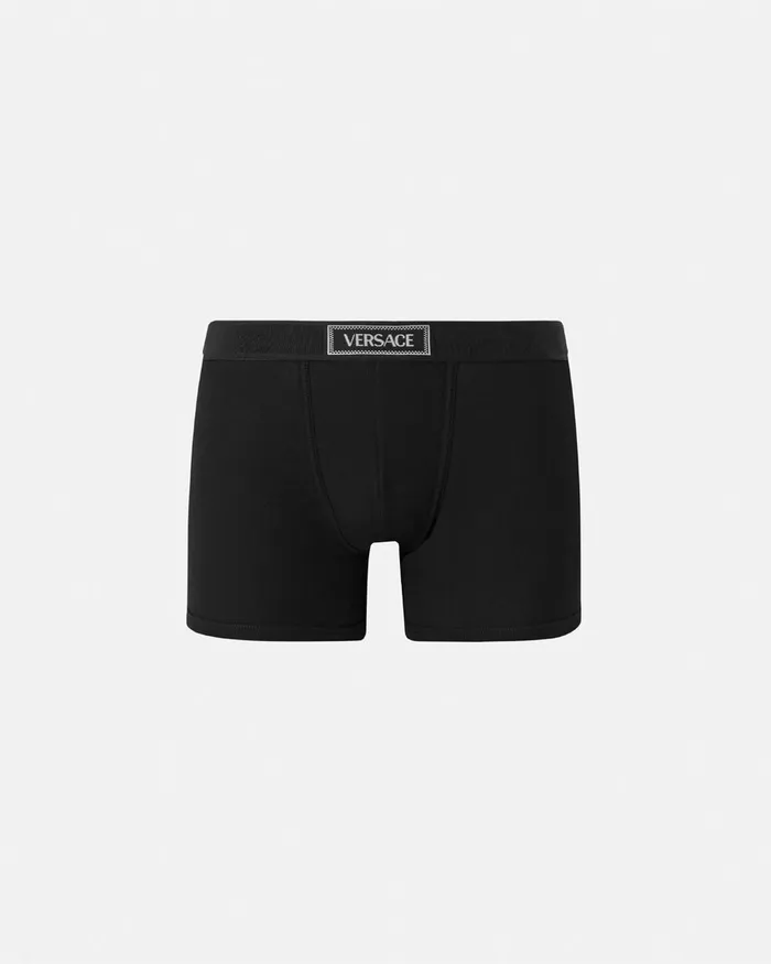 Versace 90s Vintage Logo Ribbed Long Trunks Black Men Boxers