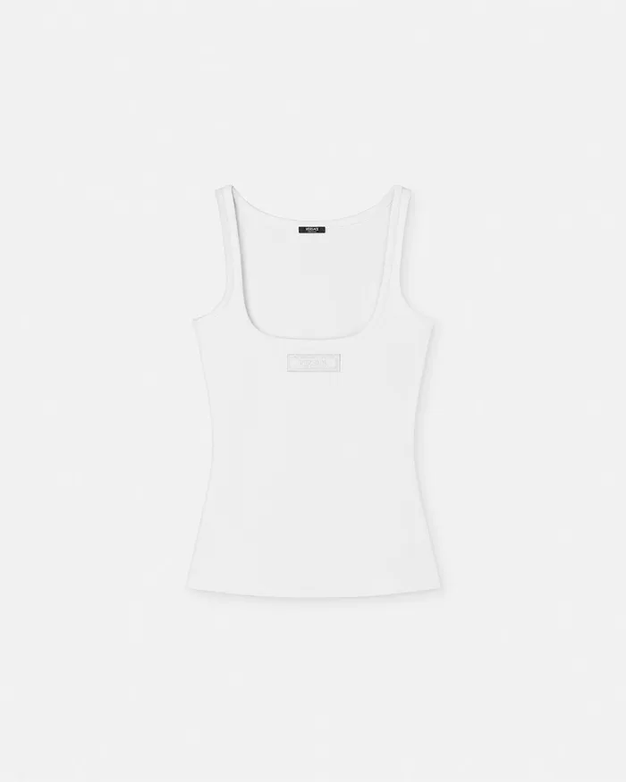 Versace 90s Vintage Logo Ribbed Tank Top White Women TShirts and Sweatshirts