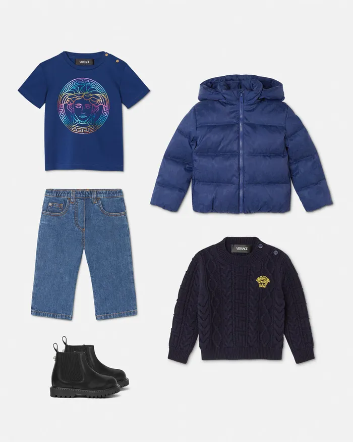 Versace Barocco Jacquard Baby Puffer Jacket Blue Kids Outerwear