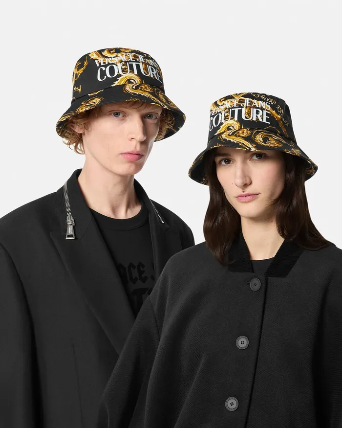 Versace Chromo Couture Logo Bucket Hat Blackgold WomenMen Jeans Couture