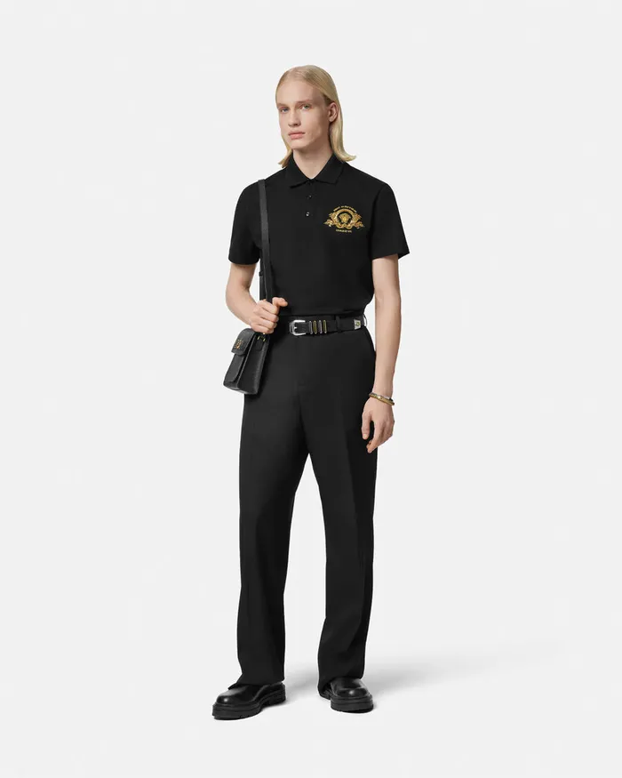 Versace Embroidered Coupe Blason Polo Shirt Black Men TShirts and Polos