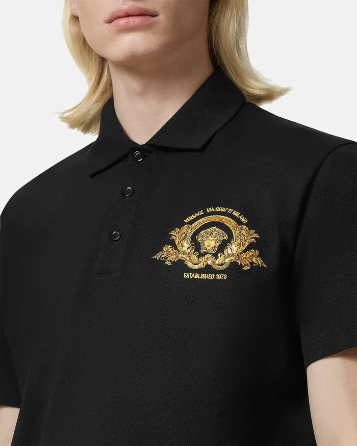 Versace Embroidered Coupe Blason Polo Shirt Black Men TShirts and Polos