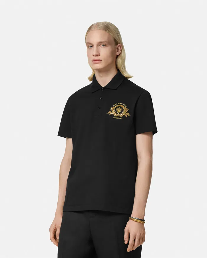 Versace Embroidered Coupe Blason Polo Shirt Black Men TShirts and Polos