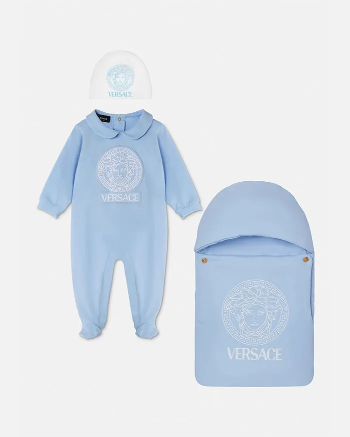 Versace Embroidered Medusa Baby Sleepsuit Blue Kids Clothing