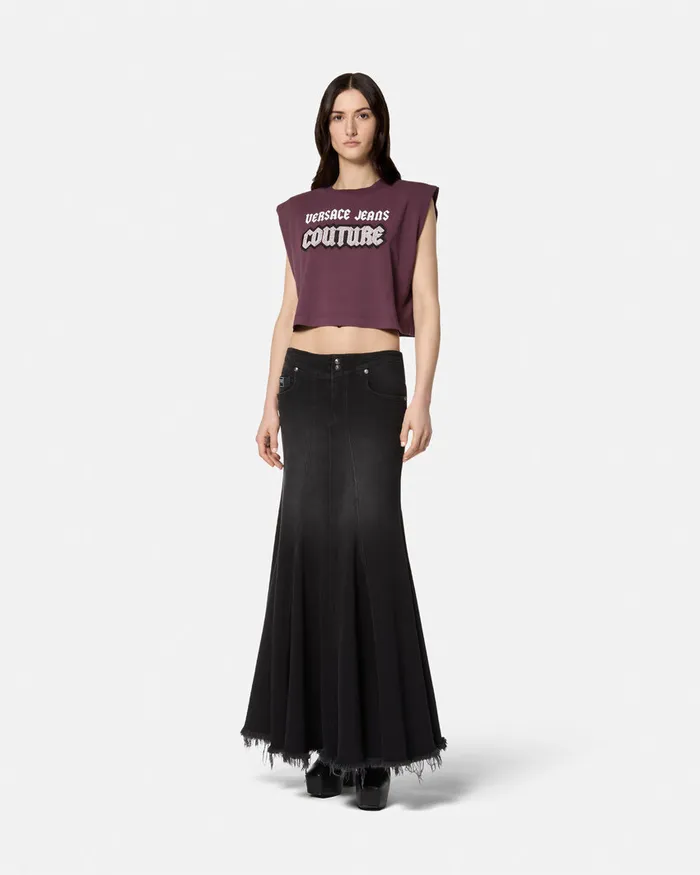 Versace Gothic Logo Crop TShirt Purple Women Jeans Couture