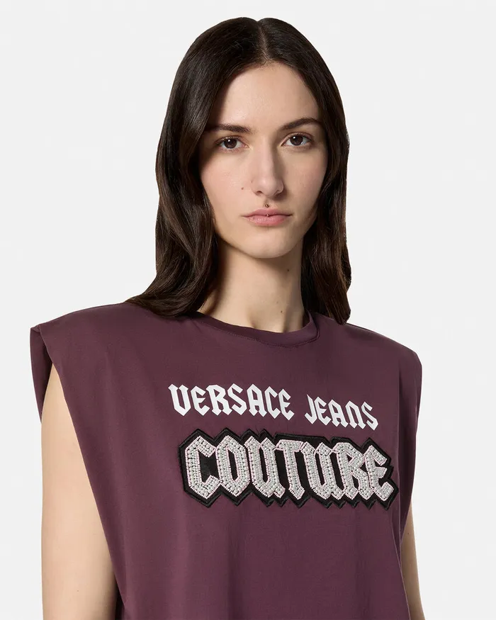 Versace Gothic Logo Crop TShirt Purple Women Jeans Couture