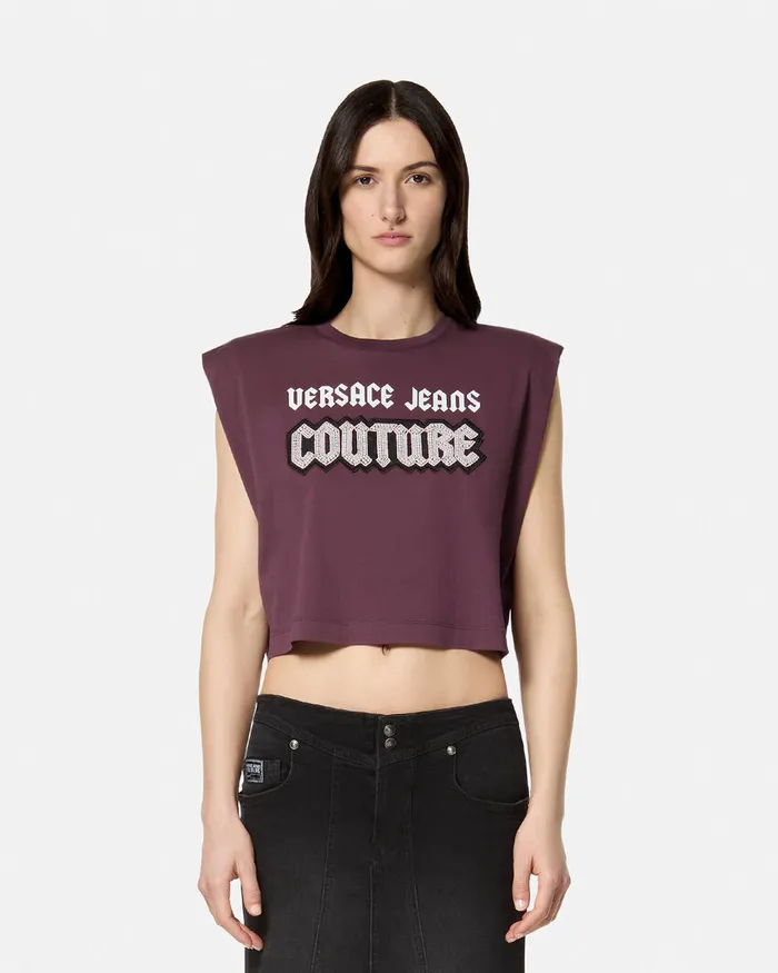 Versace Gothic Logo Crop TShirt Purple Women Jeans Couture