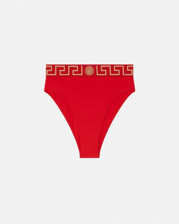 Versace Greca Border High Waist Bikini Bottoms Red Women Swimwear