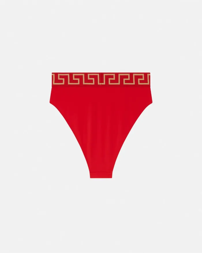 Versace Greca Border High Waist Bikini Bottoms Red Women Swimwear