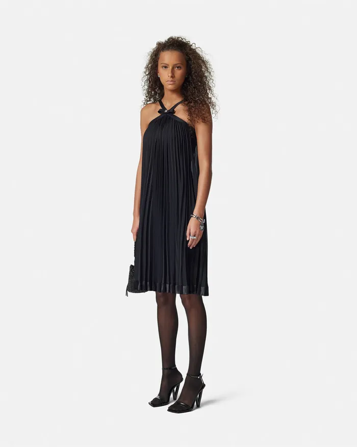 Versace Halterneck Pleated Mini Dress Black Women Dresses