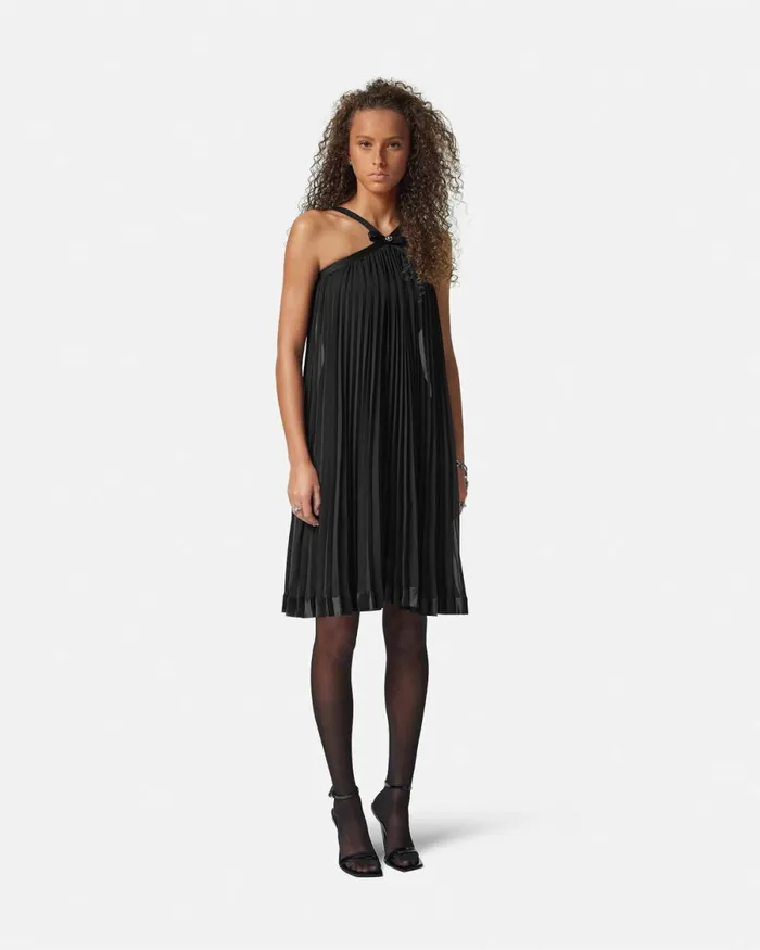 Versace Halterneck Pleated Mini Dress Black Women Dresses