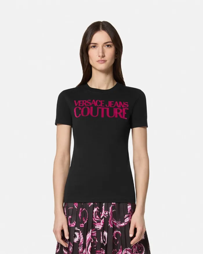 Versace Institutional Logo TShirt Blackprint Women Jeans Couture
