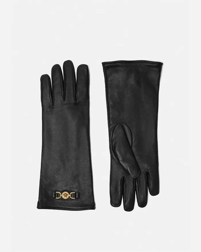 Versace Medusa 03995 Leather Gloves Blackgold Women Soft Accessories