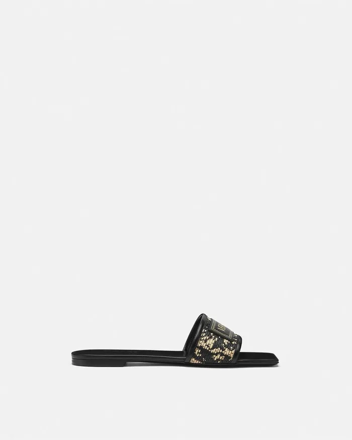 Versace Theia Barocco Raffia Flats Blackprint Women Sandals