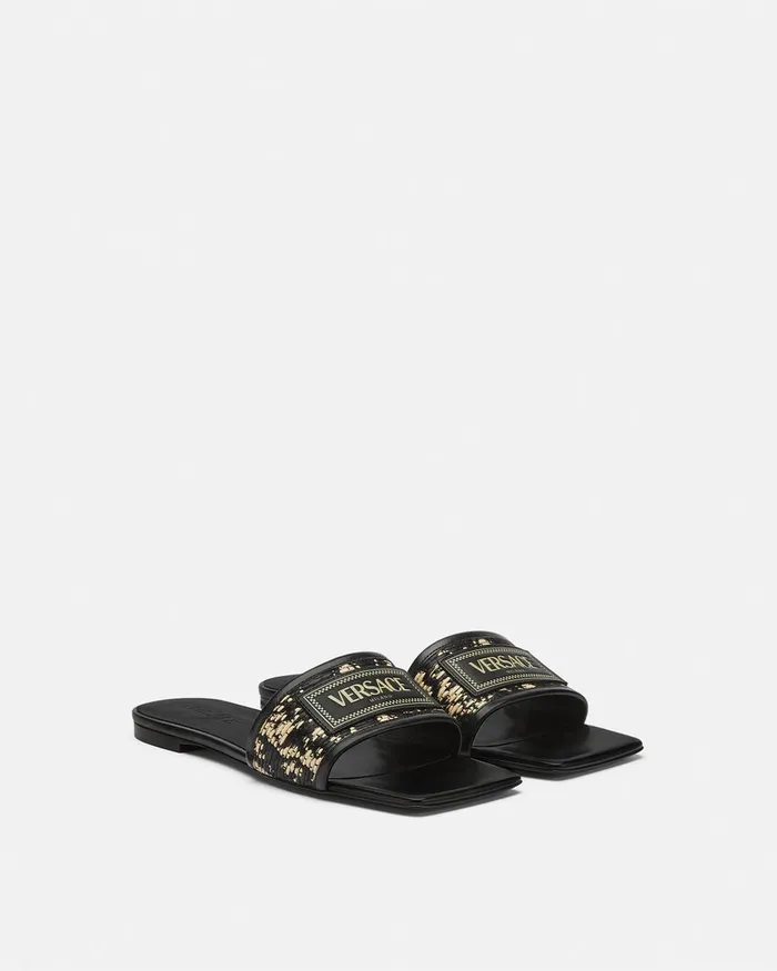 Versace Theia Barocco Raffia Flats Blackprint Women Sandals