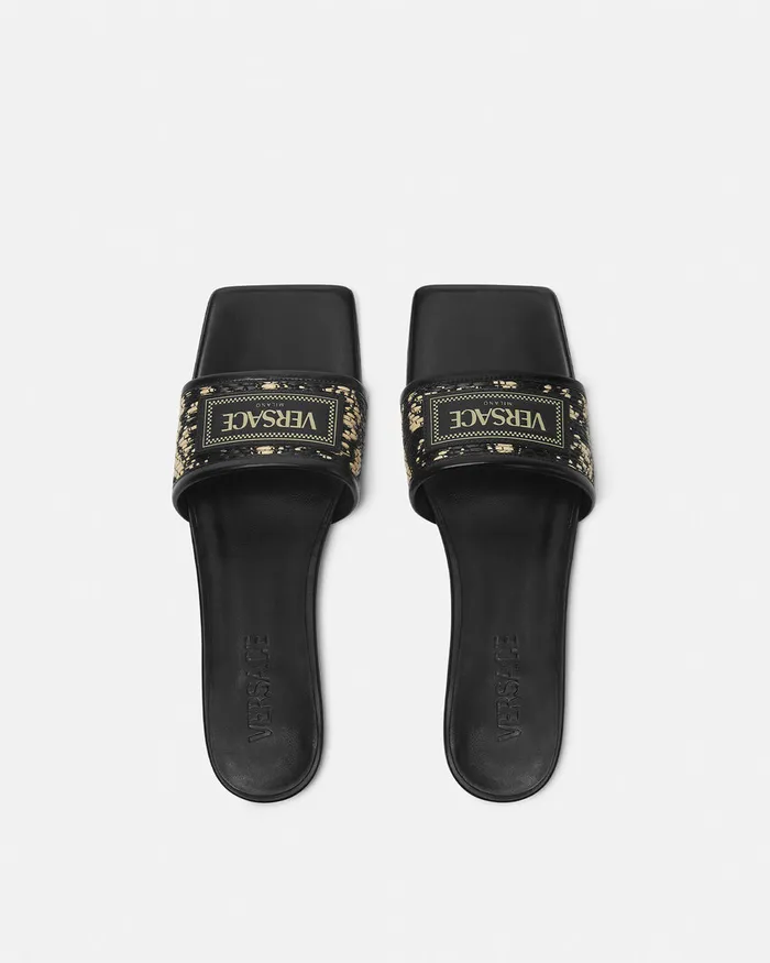 Versace Theia Barocco Raffia Flats Blackprint Women Sandals