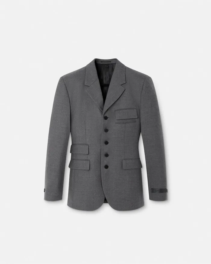 Versace Wool Gabardine FiveButton Blazer Gray Men Blazers and Suits
