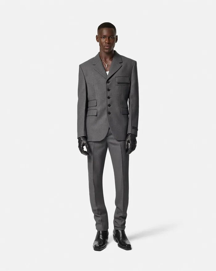 Versace Wool Gabardine FiveButton Blazer Gray Men Blazers and Suits