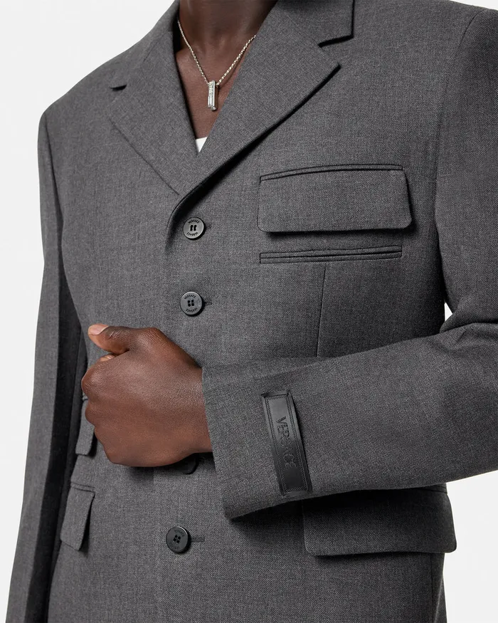 Versace Wool Gabardine FiveButton Blazer Gray Men Blazers and Suits