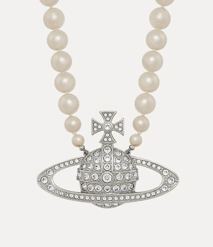 Vivienne Westwood Necklaces Men Man Bas Relief Pearl Necklace Platinum Cream Pearl Crystal Crystal