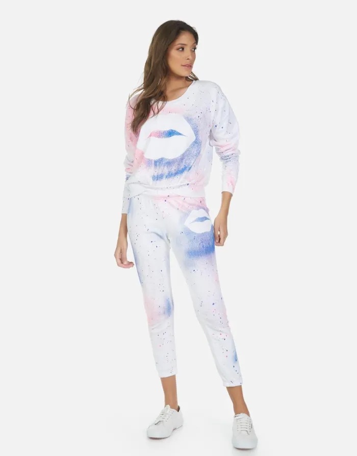 Women039s Alana Galaxy Lip White Galaxy Splatter Lauren Moshi Crop Sweatpants
