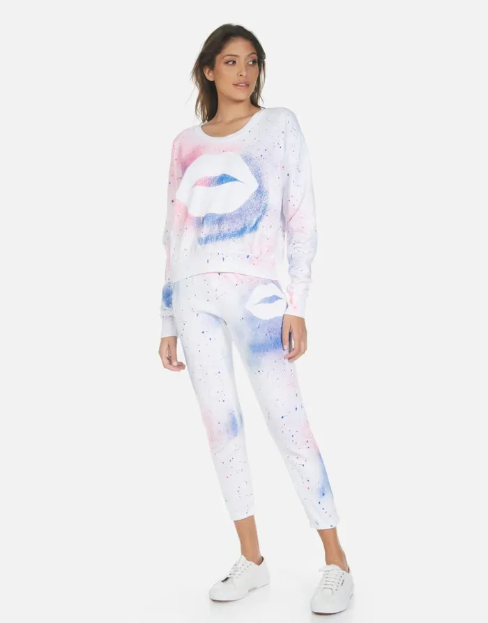 Women039s Alana Galaxy Lip White Galaxy Splatter Lauren Moshi Crop Sweatpants