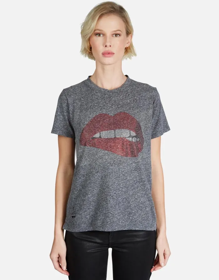 Women039s Capri Crystal Biting Lip Heather Grey Lauren Moshi Short Sleeve
