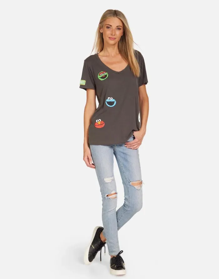 Women039s Elara Sesame Street Faces Pigment Black Lauren Moshi Short Sleeve