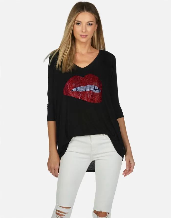 Women039s Eva X Crystal Biting Lip Black Lauren Moshi Long Sleeve