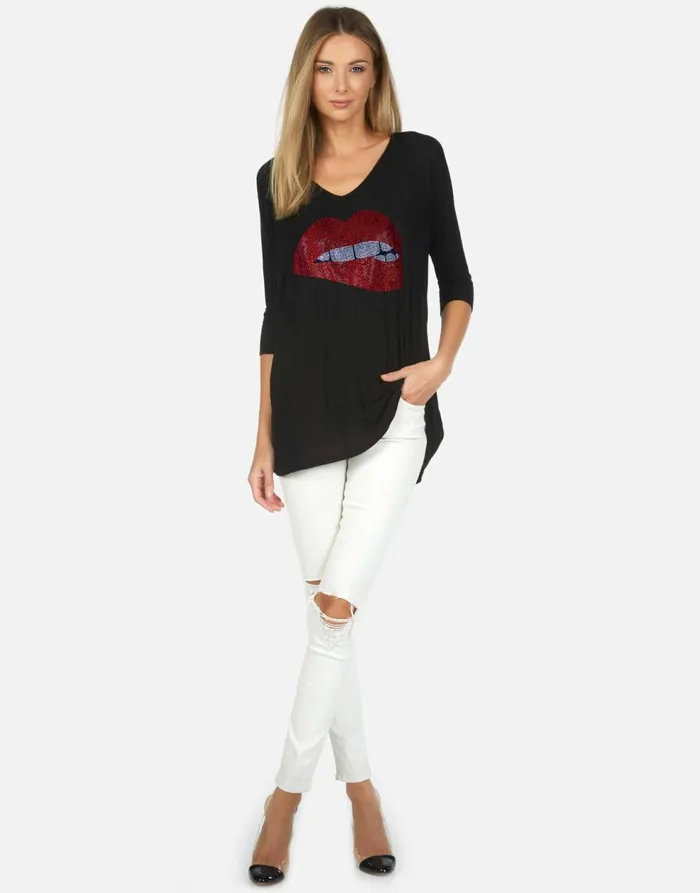 Women039s Eva X Crystal Biting Lip Black Lauren Moshi Long Sleeve