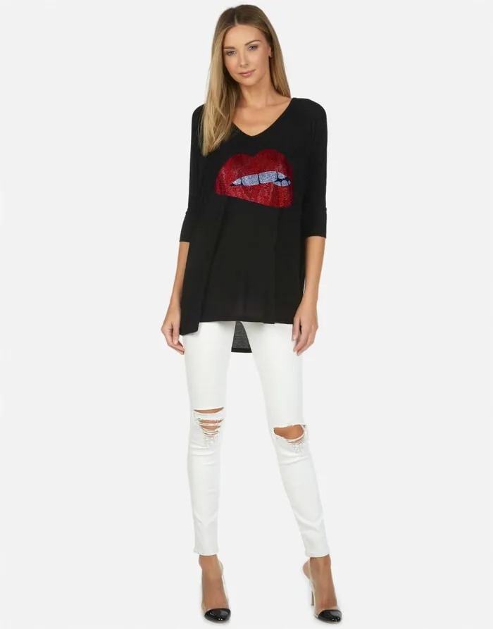 Women039s Eva X Crystal Biting Lip Black Lauren Moshi Long Sleeve