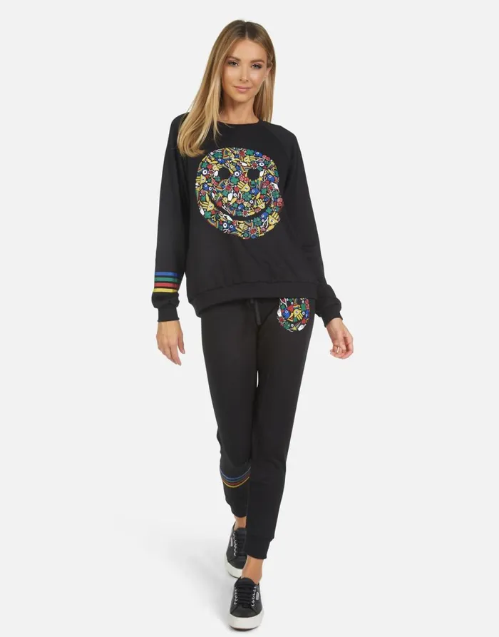 Women039s Jess Lucky Happy Face Black Lauren Moshi Long Sweatpants