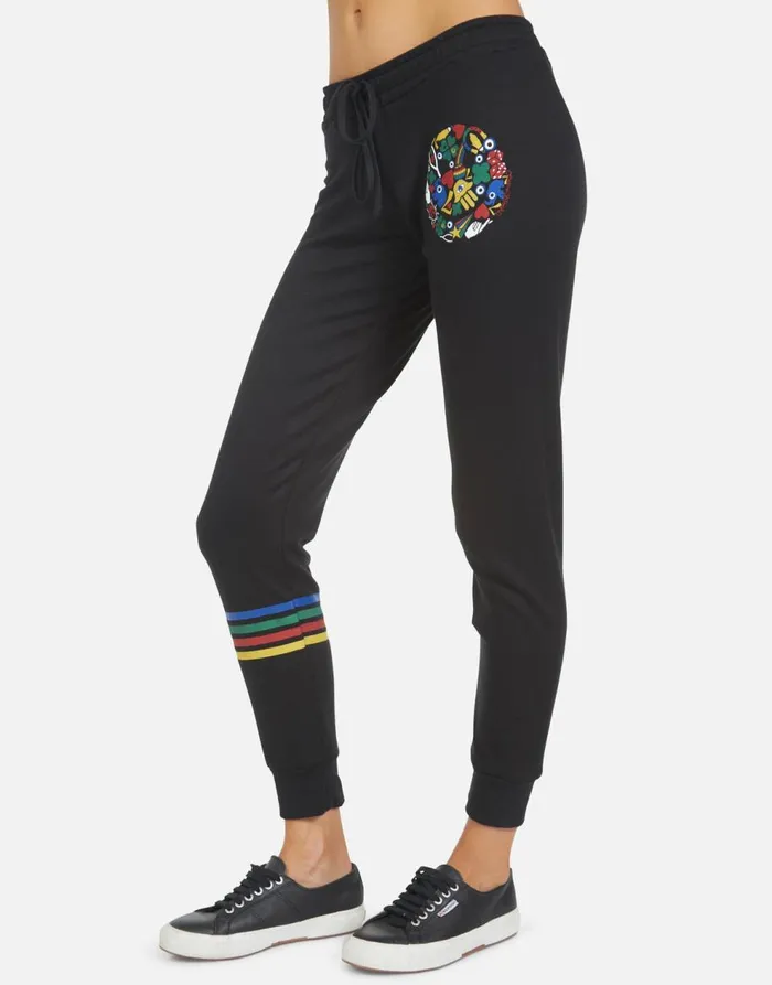 Women039s Jess Lucky Happy Face Black Lauren Moshi Long Sweatpants