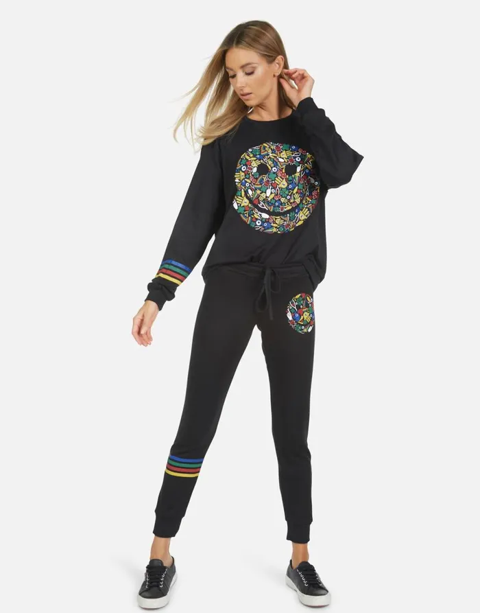 Women039s Jess Lucky Happy Face Black Lauren Moshi Long Sweatpants