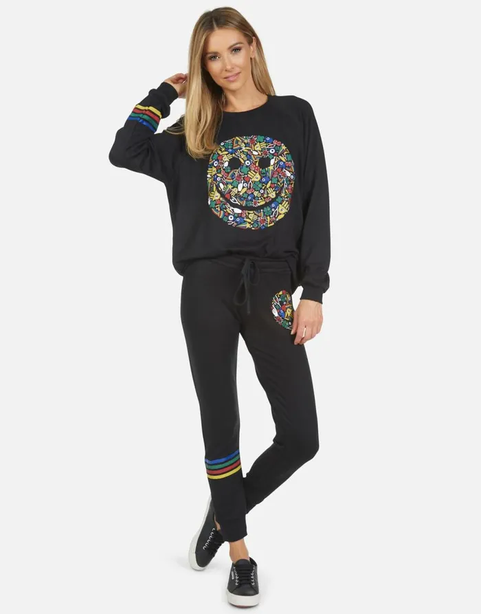 Women039s Jess Lucky Happy Face Black Lauren Moshi Long Sweatpants