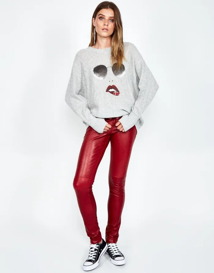 Women039s Ladona Pierced Biting Lip Face Heather Grey Lauren Moshi Sweaters and Knits