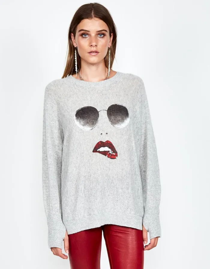 Women039s Ladona Pierced Biting Lip Face Heather Grey Lauren Moshi Sweaters and Knits